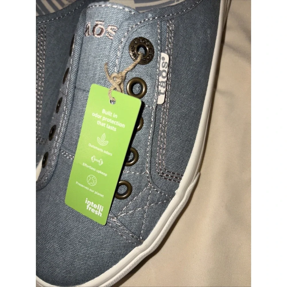 NWT $150 Taos EZ-Soul US 8 Slip On Sneaker Chambray Lake Blue Canvas Mules